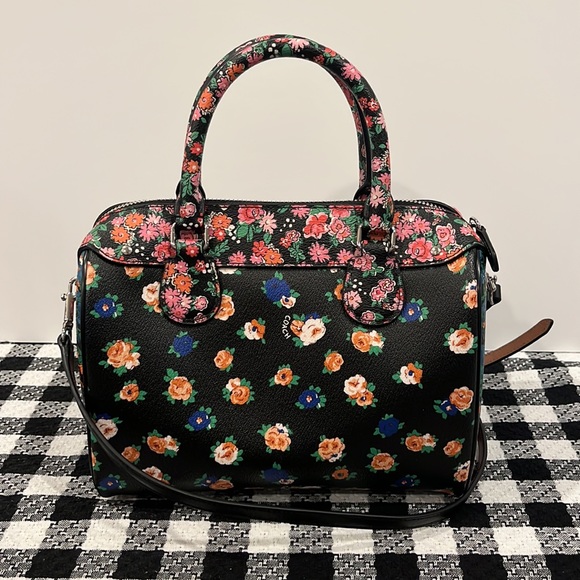 Coach Mini Bennett Black Satchel In Floral Mix Pattern Crossbody Silver Hardware - Picture 2 of 13